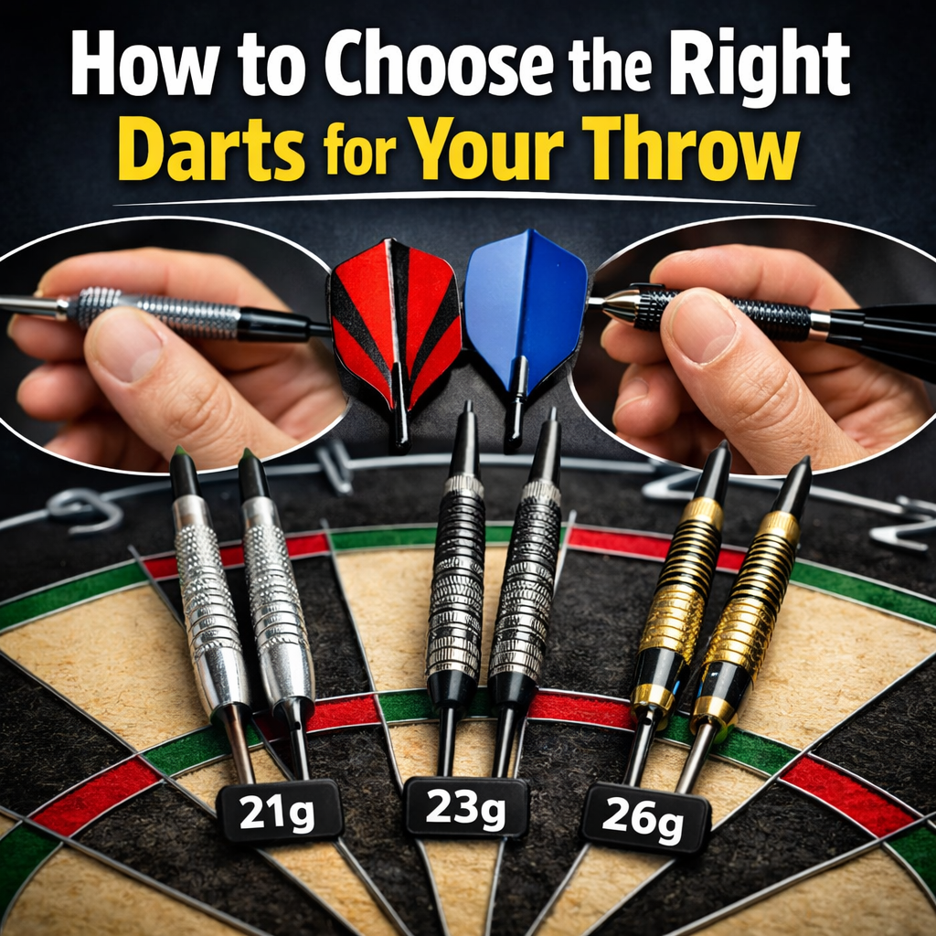Dartboard with a few sets of darts and different hand grips with the title How to Choose the Right Darts for your Throw