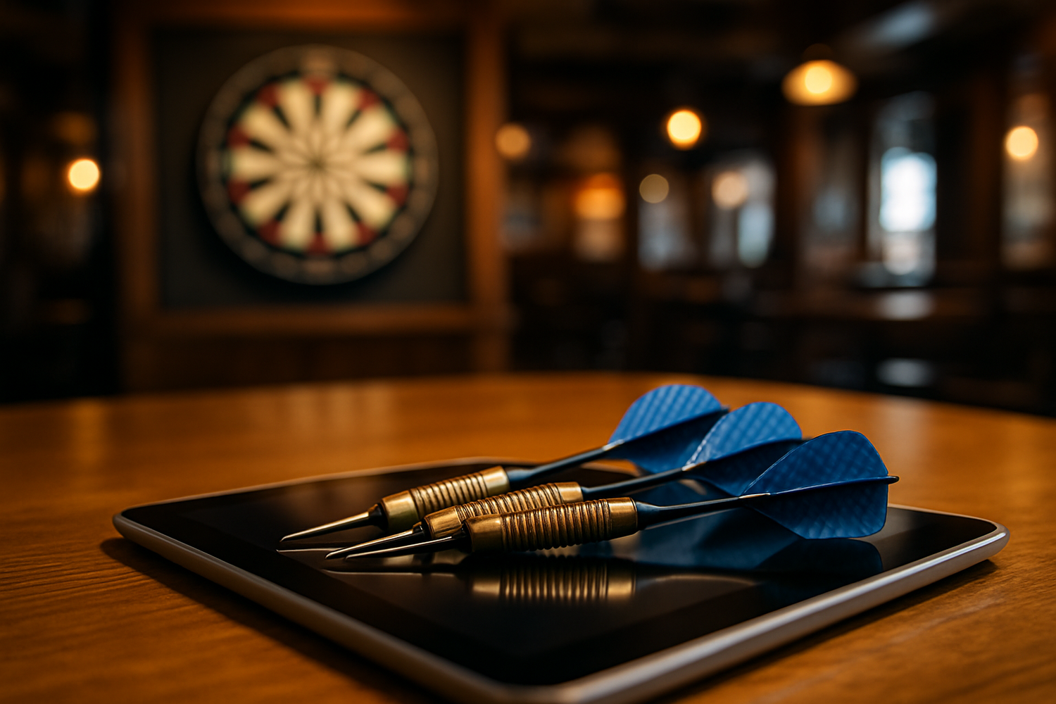 Dartboard in the distance, soft focus, foreground darts on a tablet in a pub setting